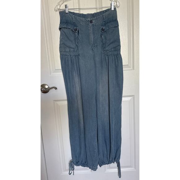 Oli & Hali Pants Large Wide Leg ankle ties Chambray Tencel waist 30" medium - Picture 8 of 15